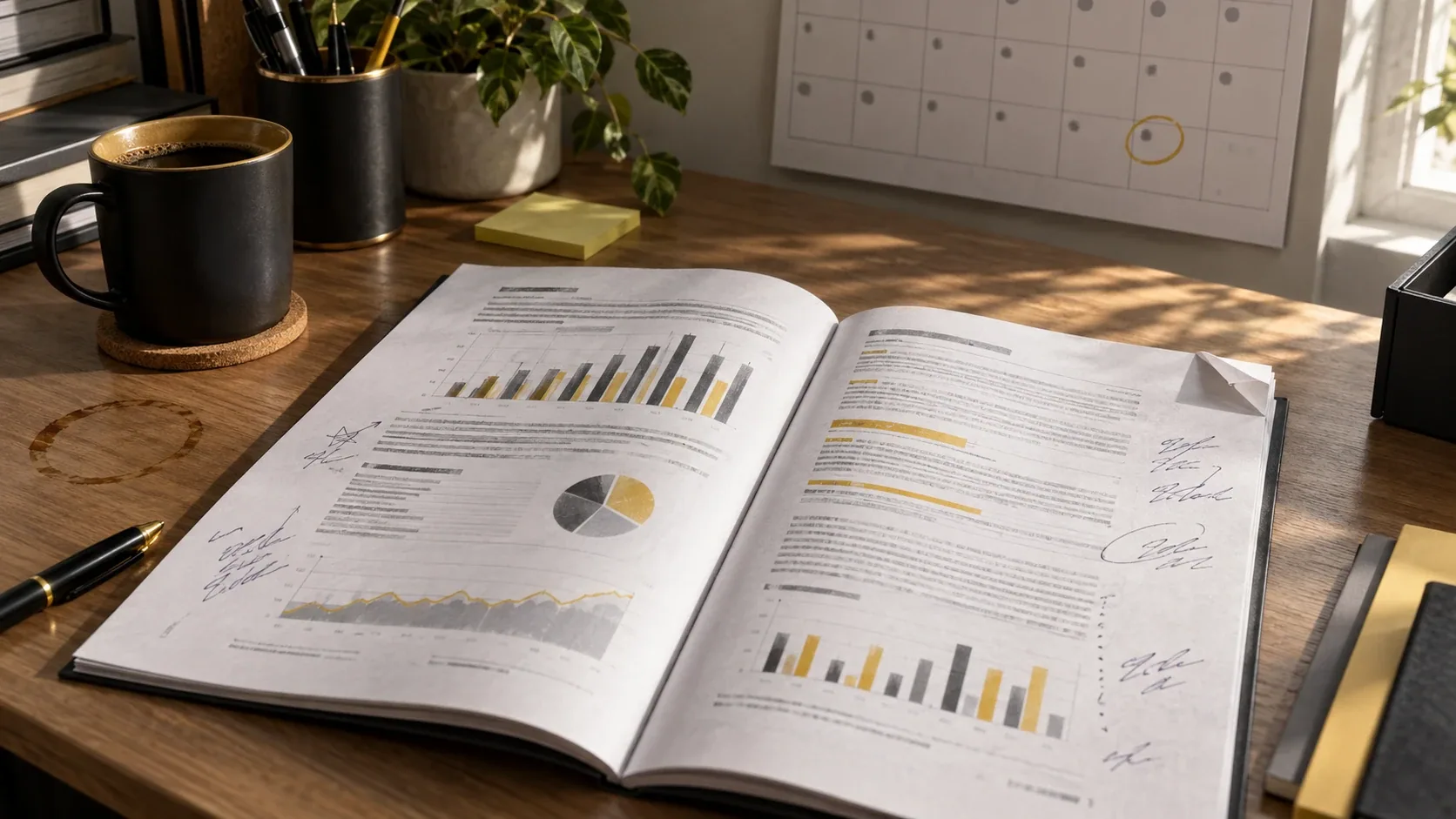 Informe de auditoría impreso sobre una mesa con anotaciones a boli y una fecha rodeada en un calendario de pared