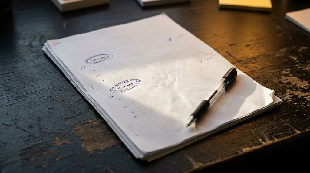 Documento impreso de varias páginas grapado sobre una mesa, con fechas marcadas a boli en el margen