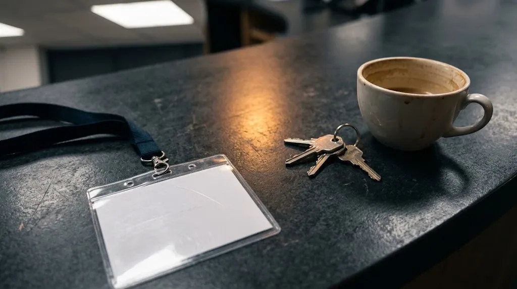 Tarjeta de visitante en una cinta sobre un mostrador de recepción, junto a un manojo de llaves