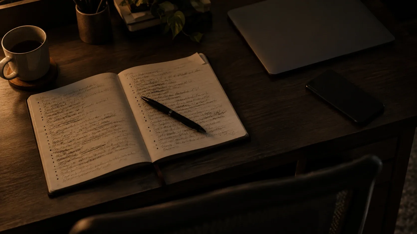 Mesa de oficina de noche con una libreta abierta y una lista escrita a mano a medias, iluminada solo por una pantalla fuera de encuadre