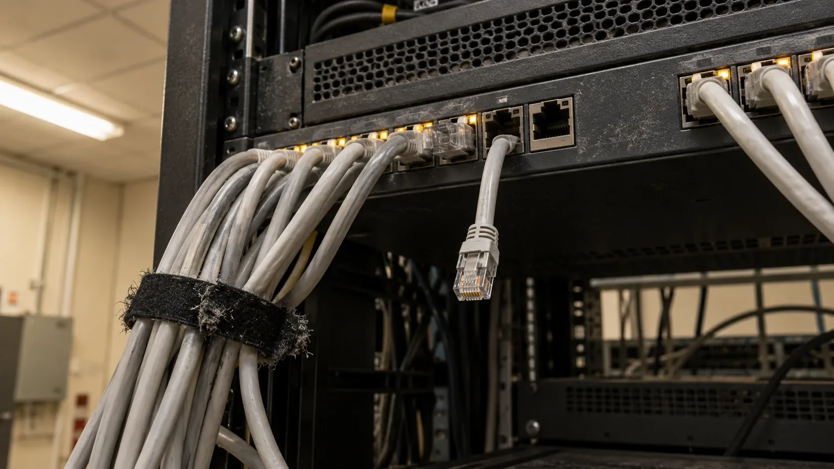 Cable de red desenchufado colgando de un switch, con el puerto apagado entre otros que siguen encendidos