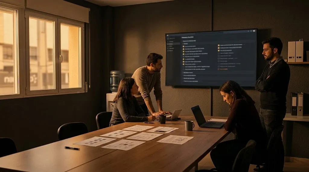 Equipo de desarrollo repasando la lista de comprobación de una entrega en una reunión