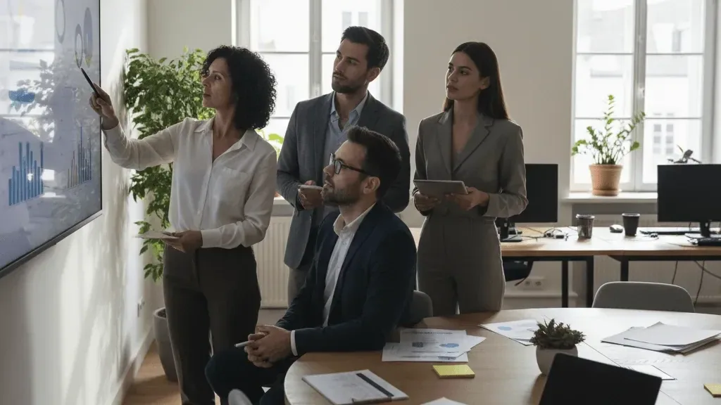 Equipo revisando en pantalla los resultados de una auditoría durante una reunión de trabajo.