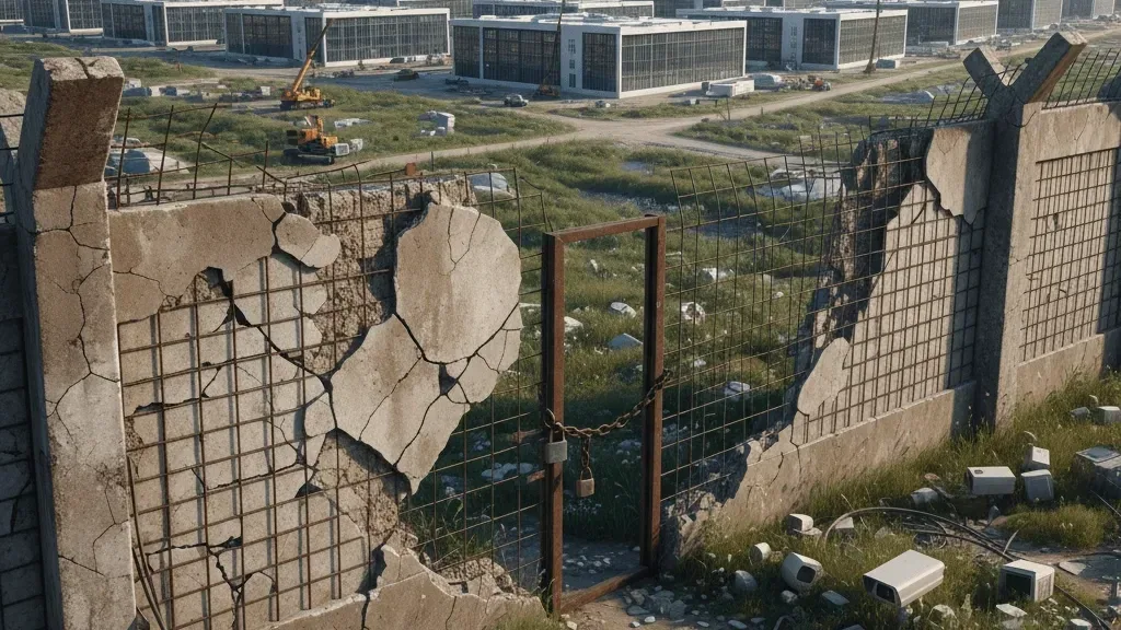 Muro perimetral agrietado con una puerta metálica abierta ante un polígono industrial.