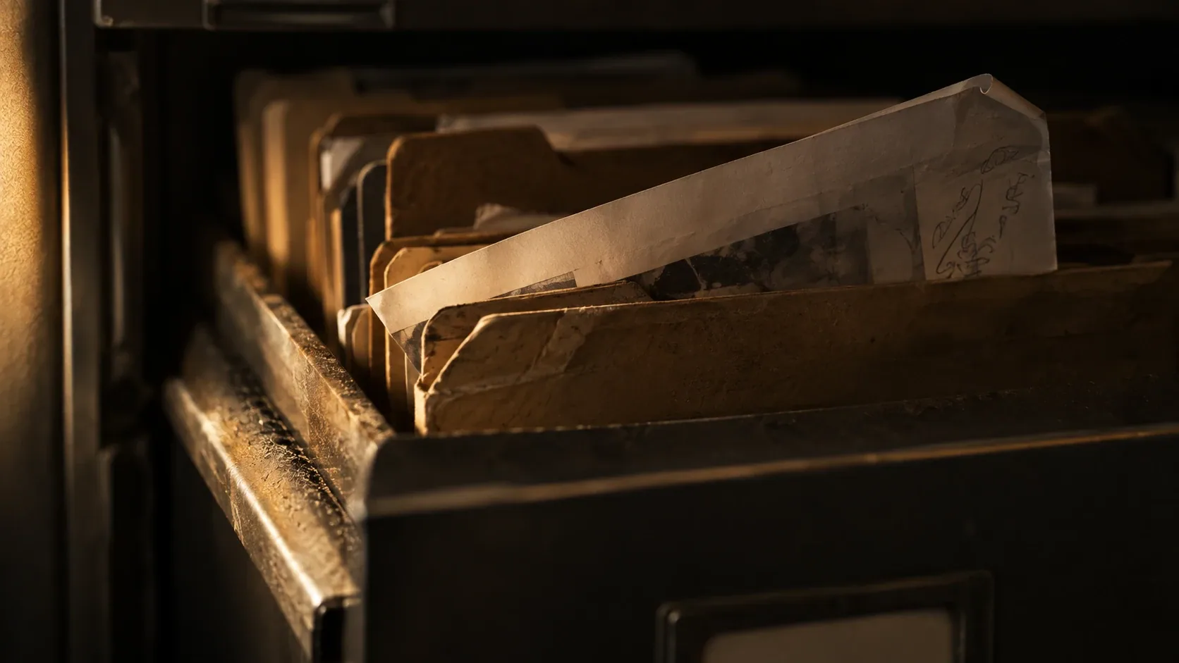 Pestaña de un archivador con separadores y una hoja anotada a boli sobresaliendo entre dos carpetas