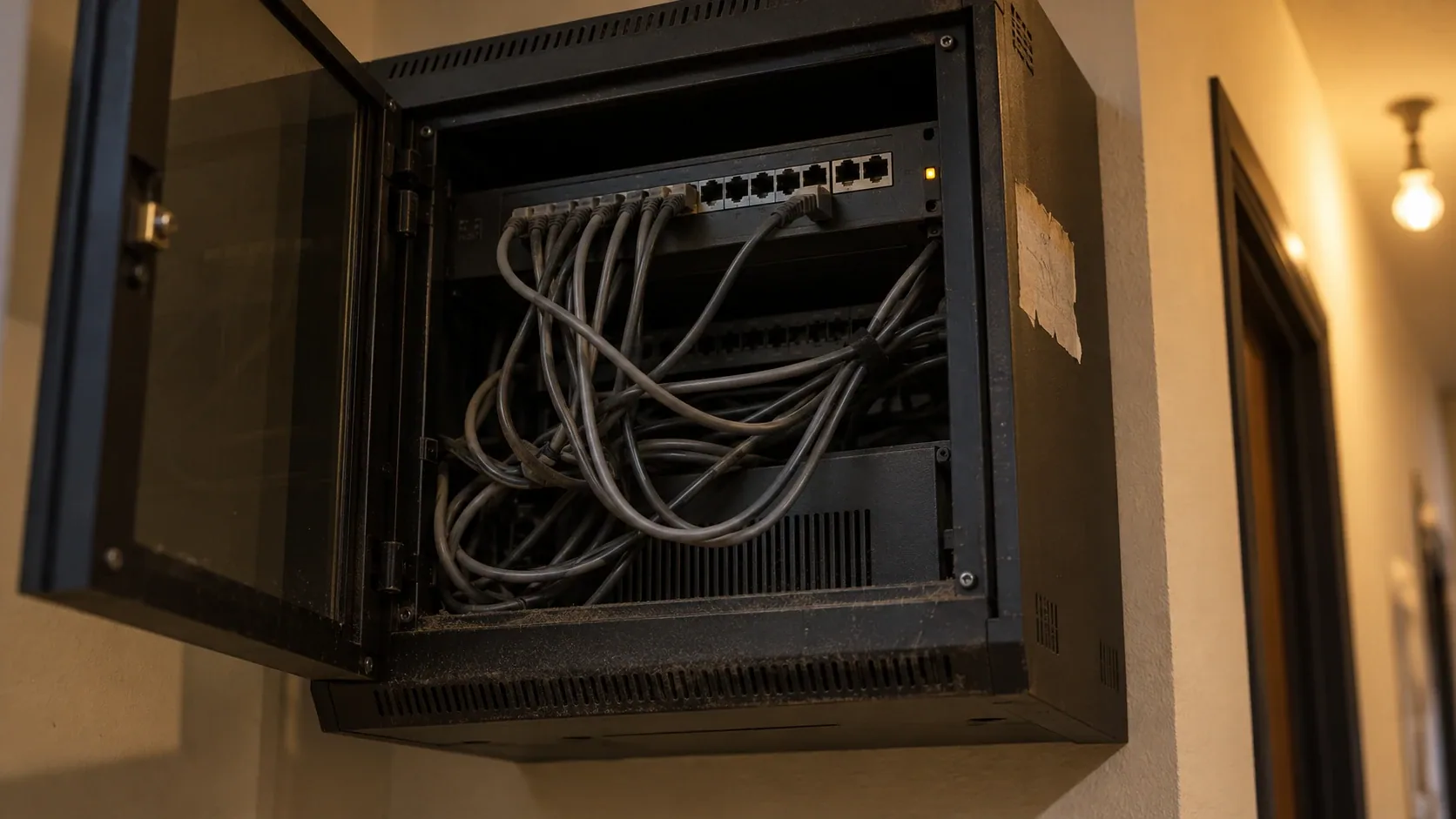 Armario de comunicaciones de oficina con la puerta abierta, latiguillos enredados y un conector a medio insertar