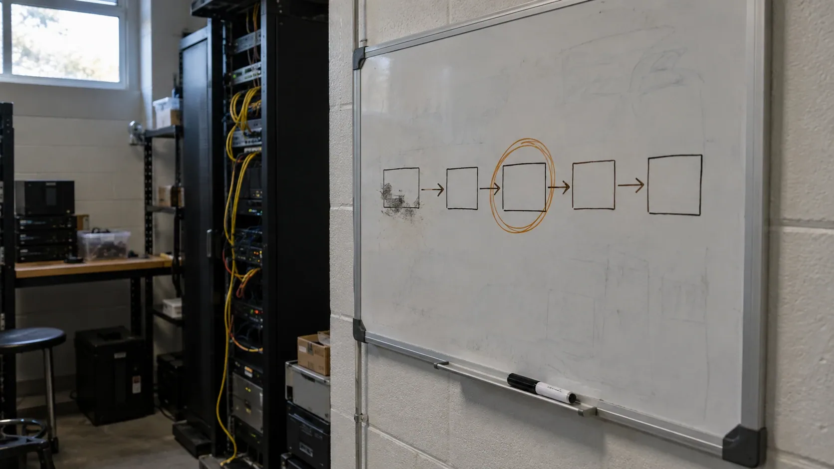Pizarra de una sala técnica con una línea de tiempo dibujada a mano y una de las etapas rodeada dos veces