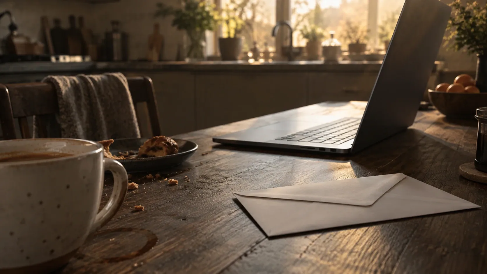 Portátil abierto de canto en la mesa de una cocina a primera hora, con una taza de café a medias al lado