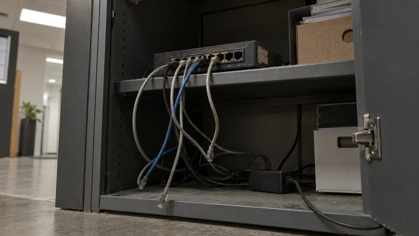 Switch de red en el estante de un armario de oficina, con cables sueltos y una etiqueta de inventario despegada