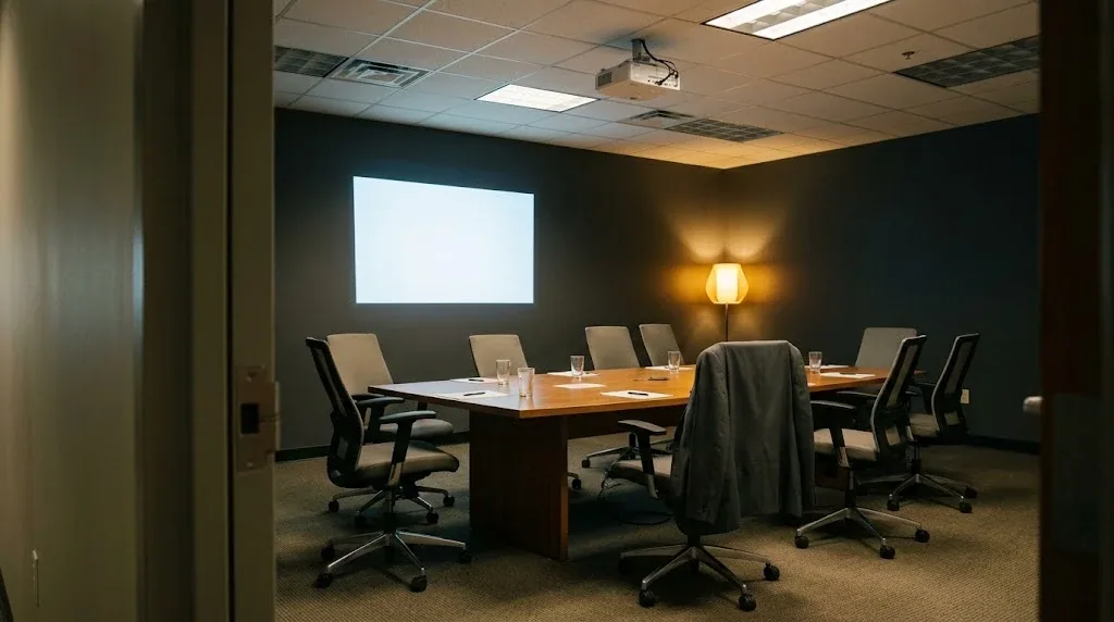 Sala de reuniones vacía después de una presentación, con las sillas descolocadas y un proyector encendido sobre una pared en blanco