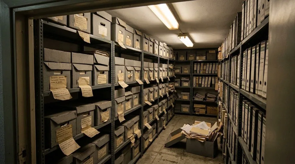 Estantería metálica de un cuarto de archivo con cajas de documentación, una de ellas abierta en el suelo