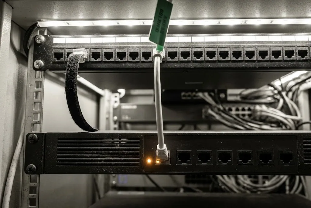 Si no eres OIV pero trabajas para uno». Alt sugerido: «Parte trasera de un rack con un único cable etiquetado que baja hasta el equipo de VPN dedicado a un cliente