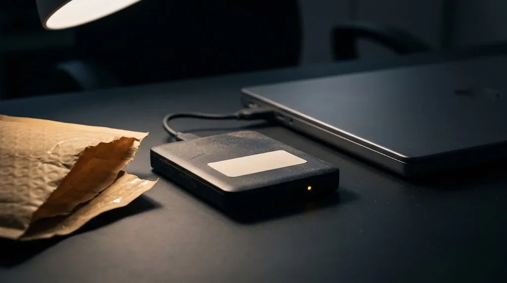 Unidad de disco externa con una etiqueta adhesiva en blanco, conectada por cable a un portátil cerrado sobre una mesa