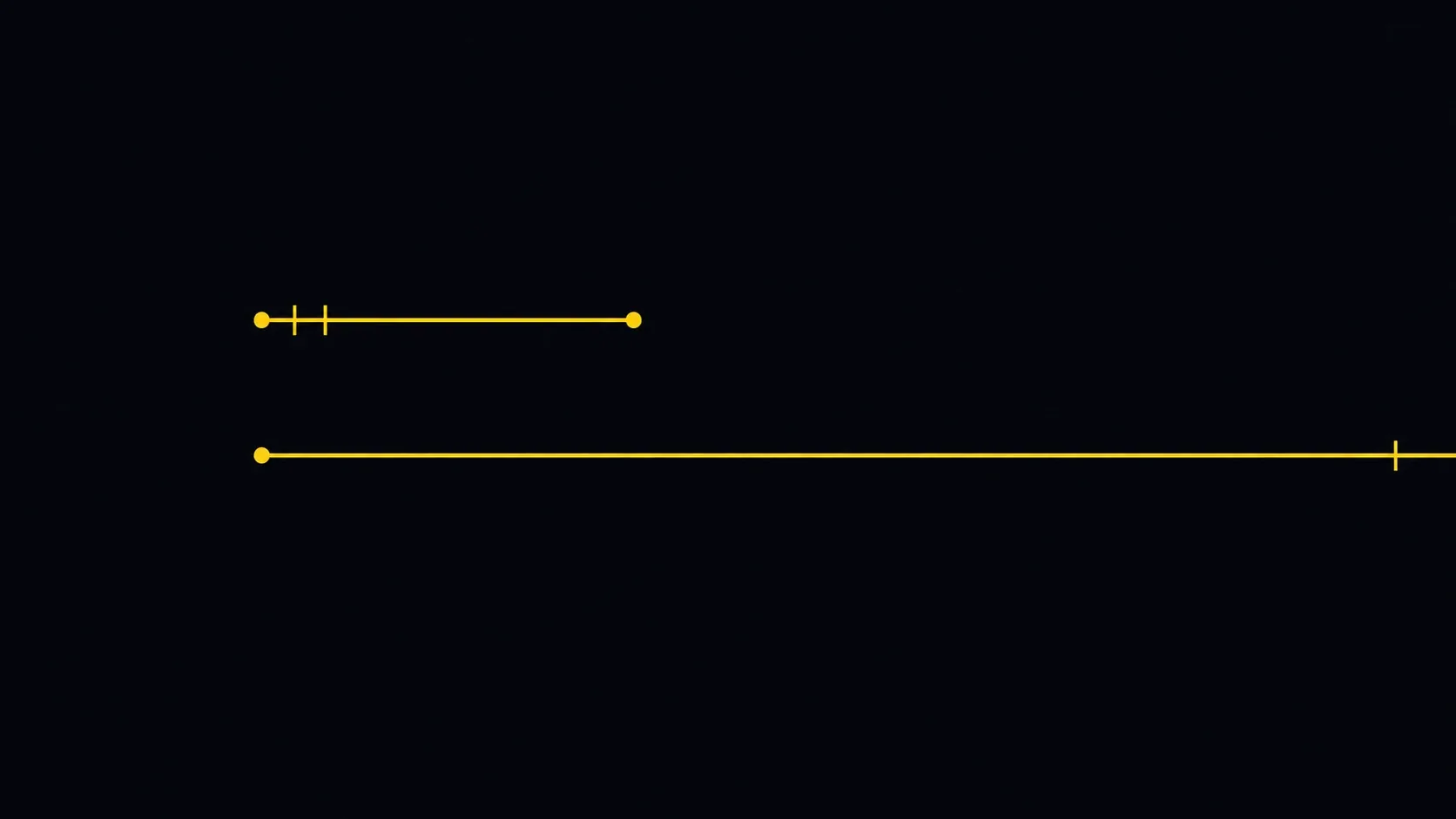 Esquema de dos líneas de tiempo paralelas de longitud muy distinta, una corta y otra larga, con marcas de hito sobre fondo casi negro