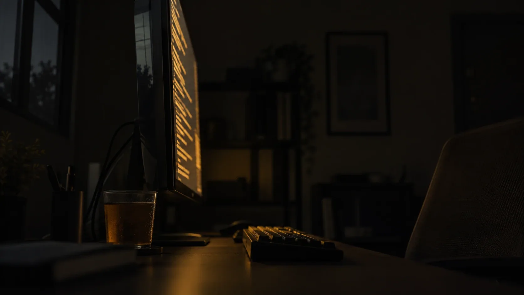 Monitor visto de canto en un despacho a oscuras, con líneas de registro desenfocadas y un teclado con una taza al lado