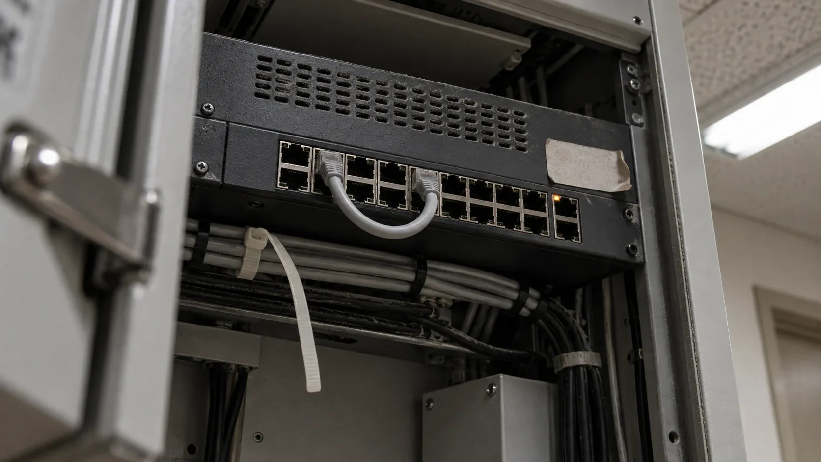 Parte trasera de un switch de red en un armario pequeño, con un cable puenteado entre dos puertos