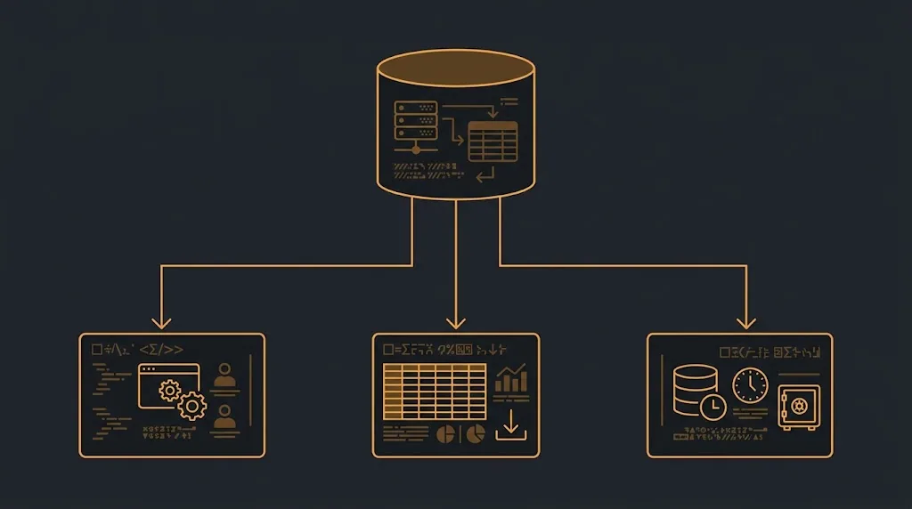Dónde aparecen siempre las copias que nadie recuerda». Alt sugerido: «Esquema de una base de datos de producción que se ramifica en un entorno de pruebas, una exportación a hoja de cálculo y una copia de respaldo