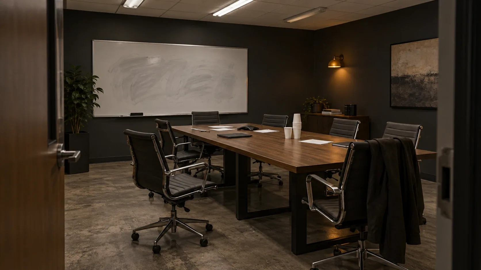 Sala de reuniones vacía después de un simulacro de crisis, con las sillas movidas y la pizarra borrada a medias