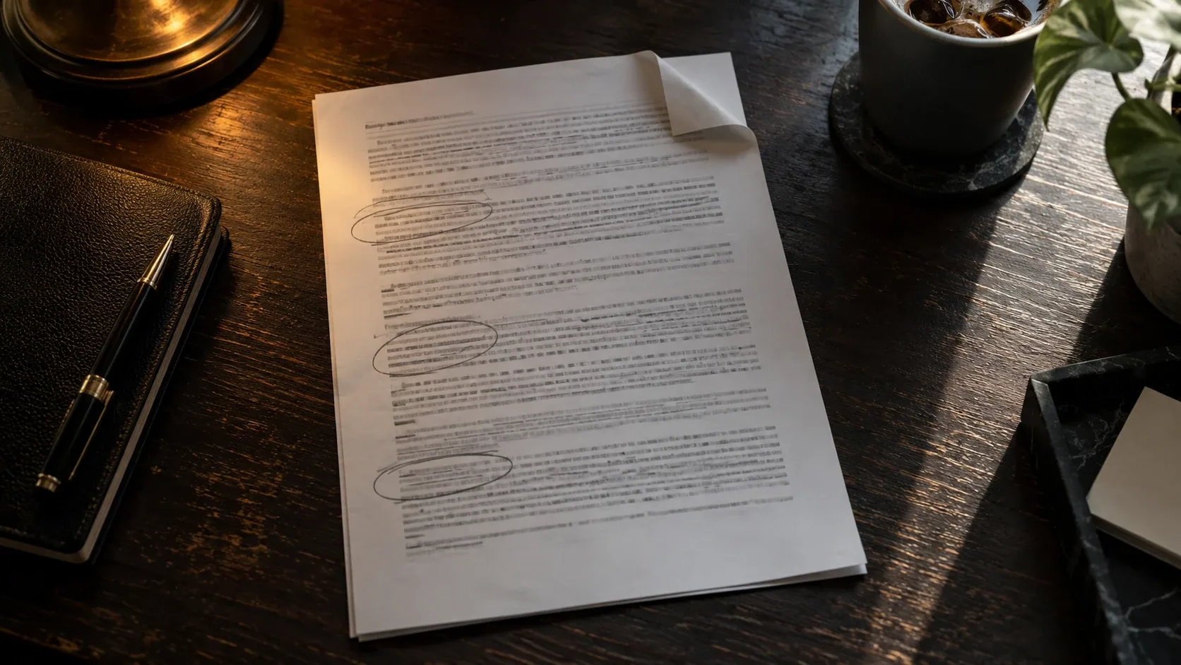 Anexo de contrato impreso sobre una mesa, con una esquina doblada y tres cláusulas marcadas a lápiz
