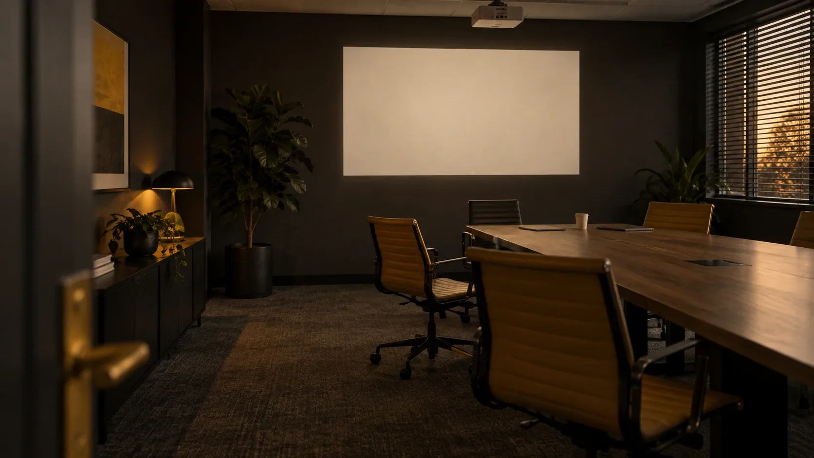Sala de reuniones vacía después de una presentación, con las sillas giradas y un proyector encendido apuntando a la pared