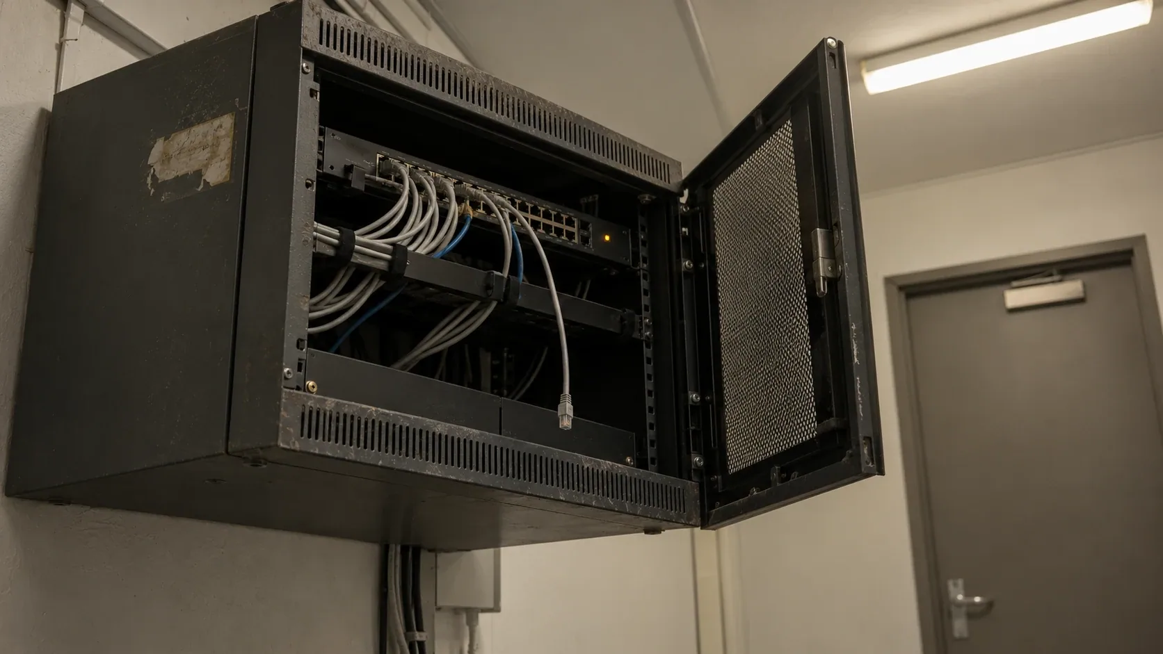 Armario de comunicaciones abierto en una oficina, con un switch, cables de red mal recogidos y un cable de consola colgando