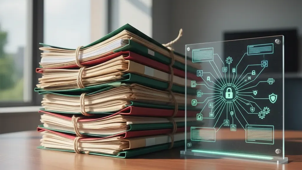 Expedientes en papel atados con cuerda, apilados junto a un panel de cristal con un diagrama de conexiones
