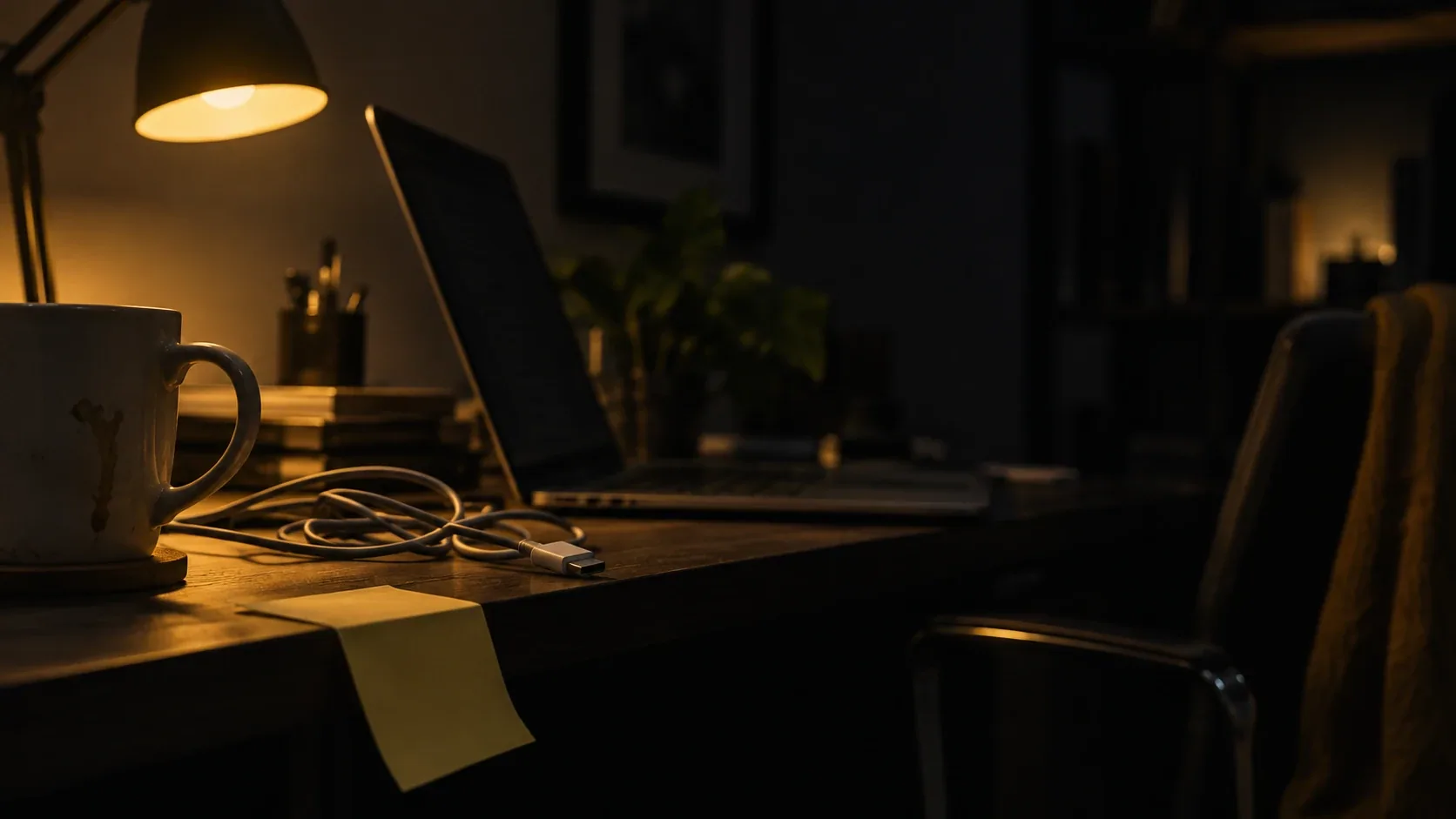 Portátil visto de canto sobre una mesa de oficina, con la pantalla en ángulo, una taza a medias y un post-it despegándose del borde