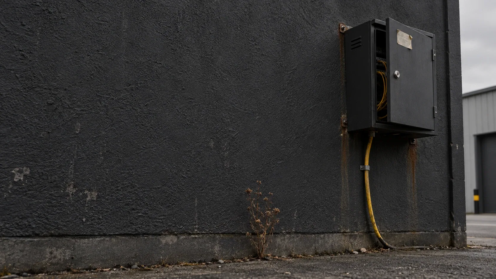 Armario de comunicaciones colgado en la pared exterior de una nave, con la puerta entreabierta, un cable de red saliendo por debajo y una etiqueta despegada en el marco