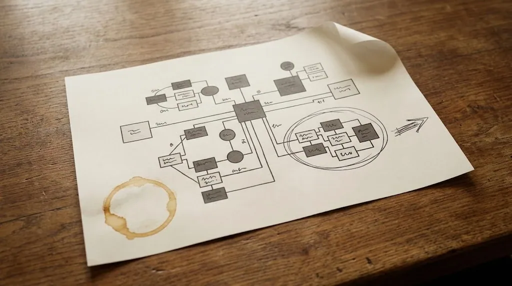 Diagrama de red impreso sobre una mesa de reuniones, con un grupo de equipos rodeado a boli y una flecha anotada al margen