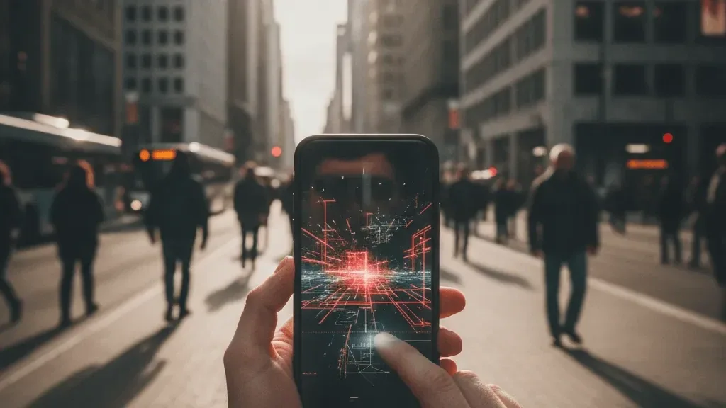 Una persona usa una aplicación en su teléfono en plena calle, con la pantalla mostrando conexiones de red hacia el exterior.