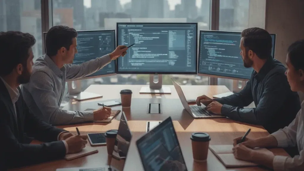 Equipo auditor revisando código en pantalla durante una sesión de trabajo con el cliente.