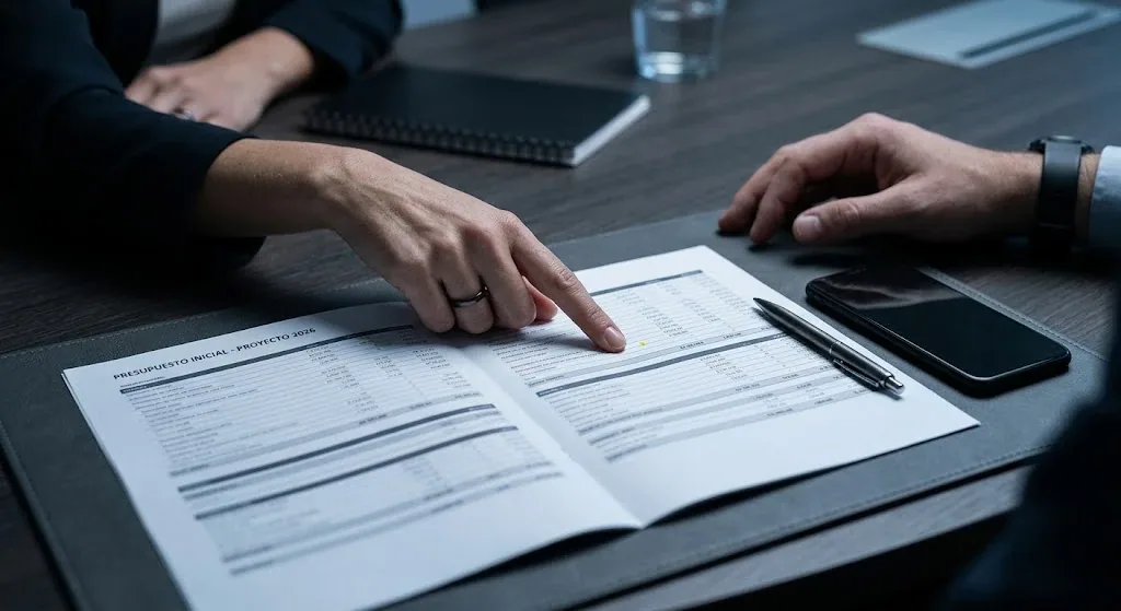 Dos personas repasando un presupuesto de auditoria linea por linea sobre una mesa de reuniones