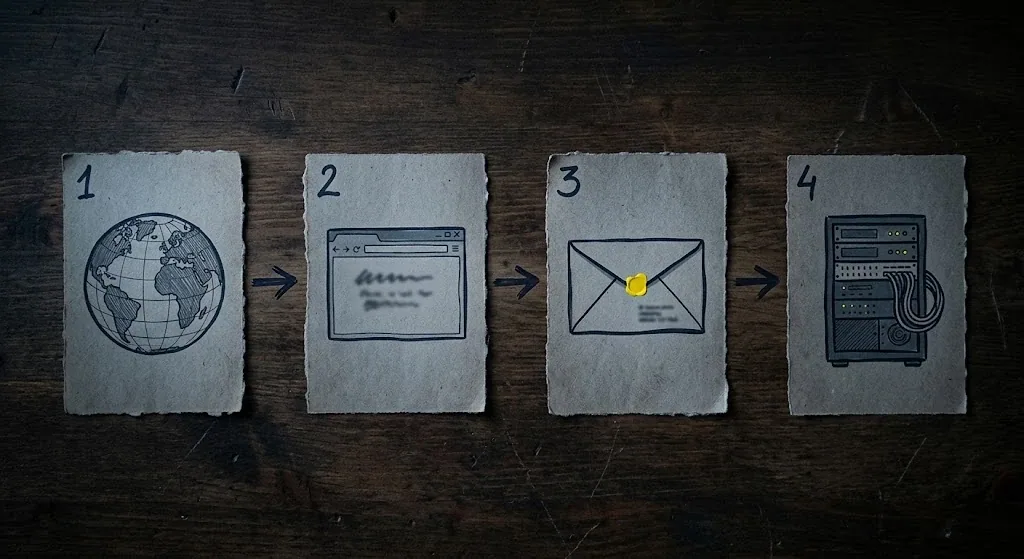 Cuatro tarjetas de papel numeradas sobre una mesa de madera oscura, con un globo terraqueo, un navegador, un sobre y un rack de servidores dibujados a mano
