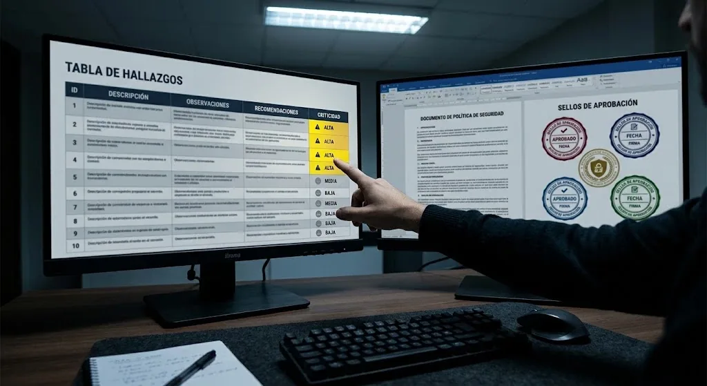 Auditor comparando una tabla de hallazgos con la documentacion del sistema de gestion