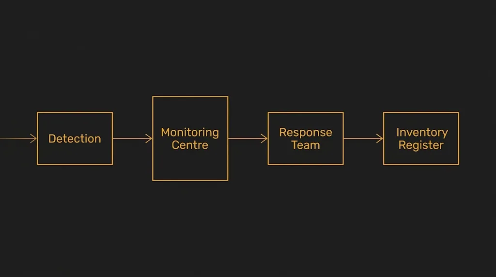 Diagrama de cuatro bloques conectados por flechas: centro de vigilancia, equipo de respuesta, registro de activos y programa de evaluación