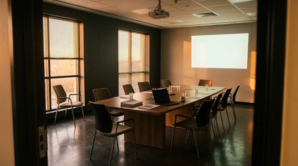 Sala de reuniones vacía después de una presentación, con las sillas movidas y un montón de informes impresos sobre la mesa