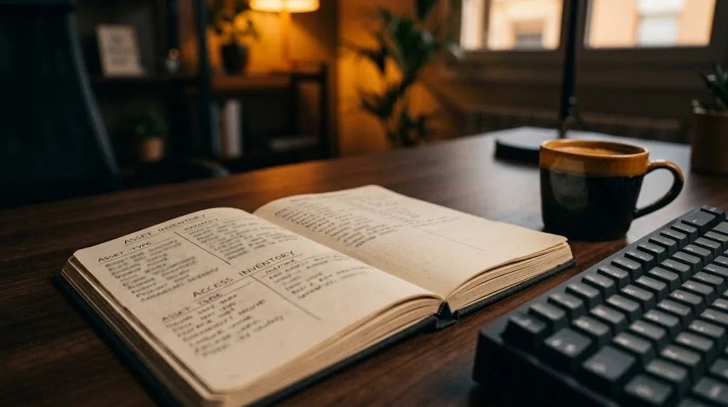 Inventario de activos y accesos anotado a mano en una libreta junto a un teclado