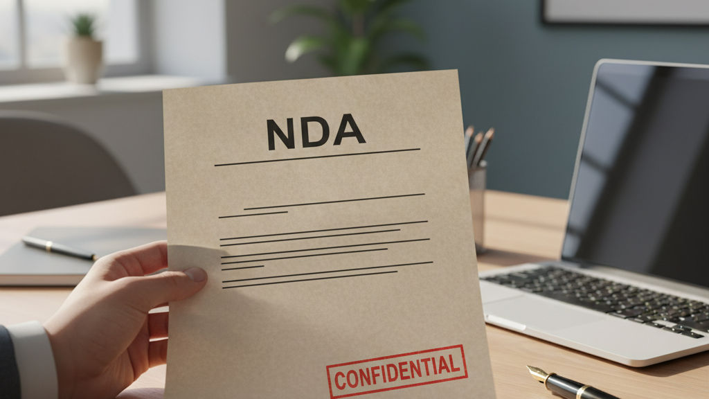 Imagen de un documento de NDA con sello confidencial y laptop, representando la redacción y firma de acuerdos de confidencialidad en España