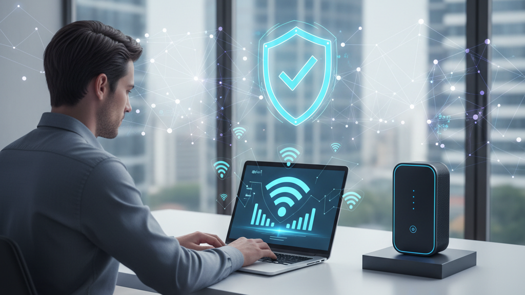 Especialista realizando auditoría WiFi en una empresa, con laptop, señal WiFi, router y elementos de seguridad