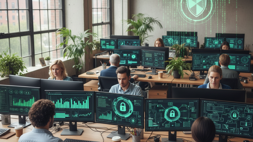 Imagen de profesionales realizando una auditoría de ciberseguridad en una oficina, con pantallas de seguridad y elementos de protección digital