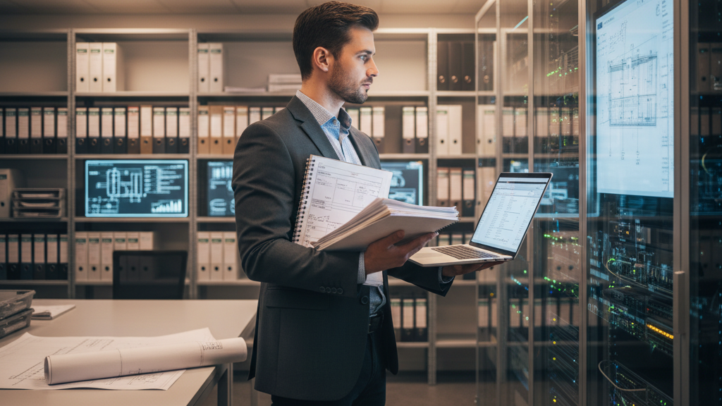 Auditor revisando infraestructura interna con equipos y documentos, ilustrando una auditoría según normas ISO 19011