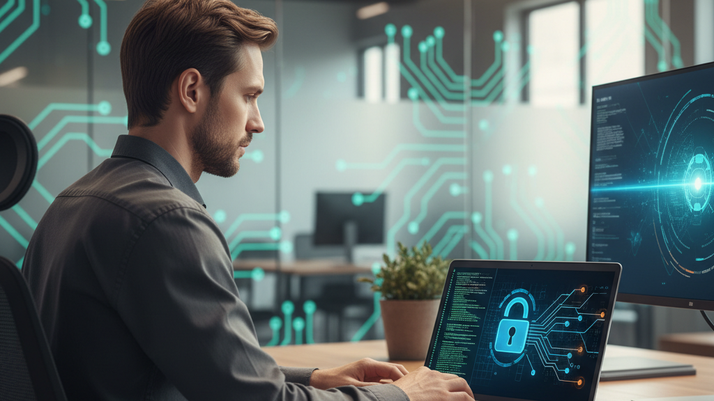 Especialista en seguridad informática realizando pruebas de penetración con laptop, código y diagramas de red