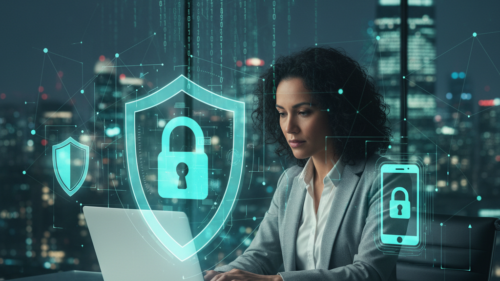 Ilustración de ciberseguridad 2026 con laptop, candado, smartphone y código binario, representando protección contra hackers