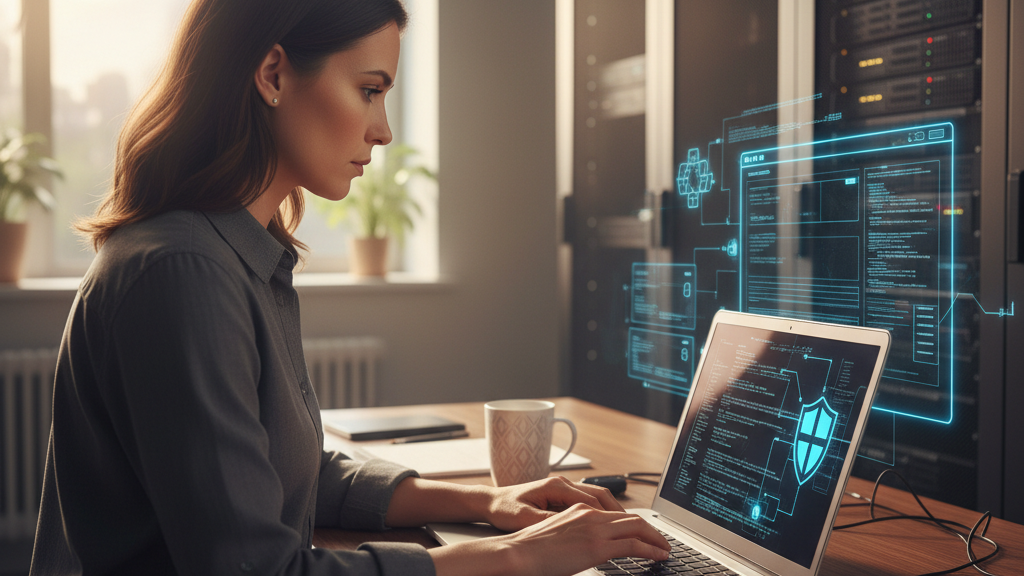 Imagen que representa un análisis de pentesting de un sitio web con un analista de seguridad frente a una laptop y símbolos de protección
