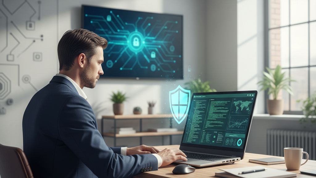Imagen que muestra el pentesting de aplicaciones de escritorio con un analista de ciberseguridad revisando código y símbolos de seguridad, resaltando la protección y detección de vulnerabilidades en entornos corporativos