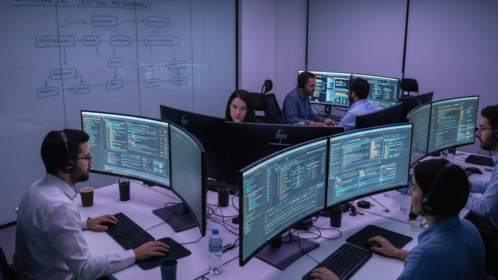 Equipo de expertos en pentesting analizando vulnerabilidades en una sala de operaciones en Colombia