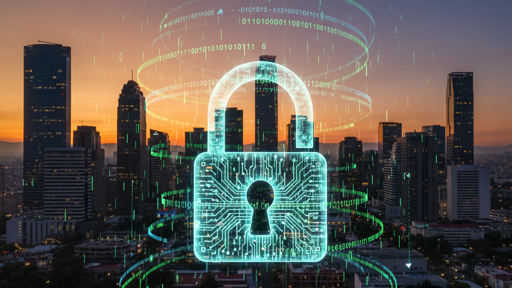 Imagen realista de la silueta de la Ciudad de México con candado digital y código binario, representando pentesting y protección cibernética
