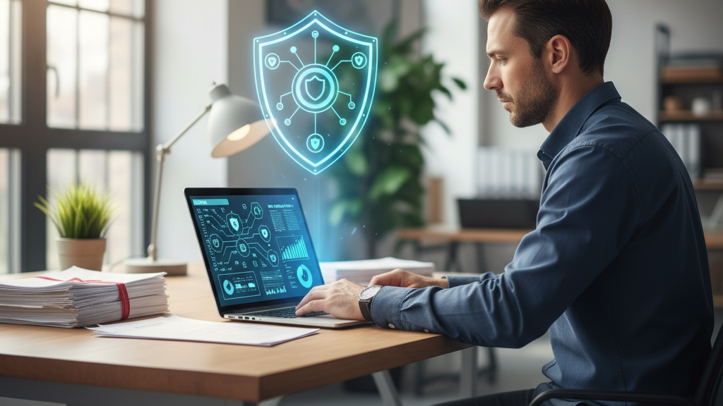 Auditoría Pentesting: Seguridad y Cumplimiento Imagen de un analista de ciberseguridad realizando una auditoría de pentesting para evitar sanciones, con pantalla de informe, diagramas de red y símbolos de seguridad y cumplimiento legal.