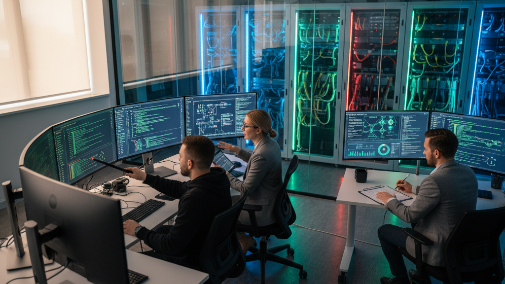 Equipo de expertos en ciberseguridad realizando auditoría pentesting, analizando vulnerabilidades y mejorando procesos internos