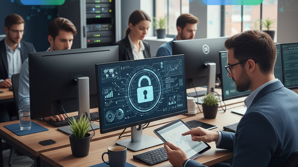 Imagen que representa una auditoría de pentesting para pequeñas y medianas empresas, con profesionales de ciberseguridad, computadoras, candado digital y referencias a servicios en la nube.